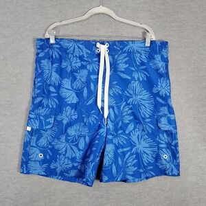 OP Men Swimwear Large Blue Floral Trunks Hawaiian Drawstring Pockets‎ 10" Inseam